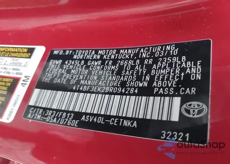 2011 Toyota Camry Le from USA, damaged, VIN 4T4BF3EK2BR094284